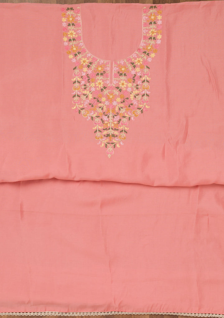 Peach Muslin Threadwork Unstitched Dress Material With Matching Bottom And Dupatta