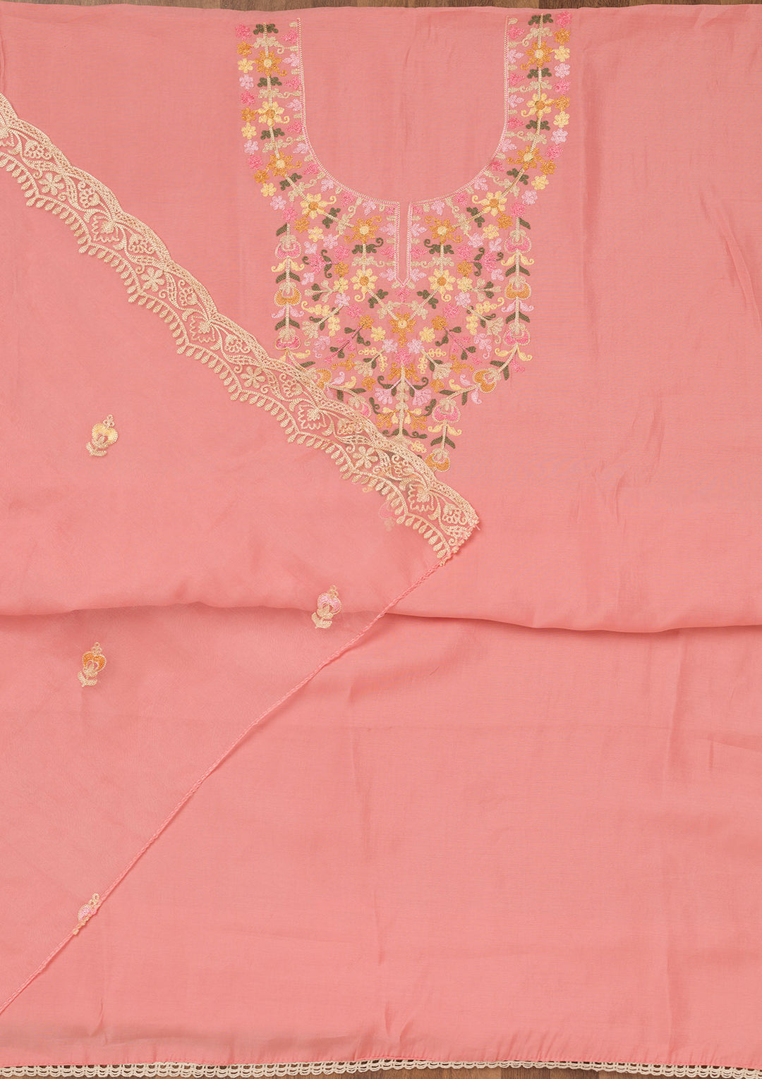 Peach Muslin Threadwork Unstitched Dress Material With Matching Bottom And Dupatta