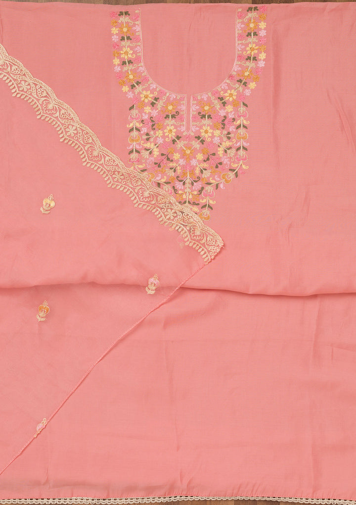 Peach Muslin Threadwork Unstitched Dress Material With Matching Bottom And Dupatta