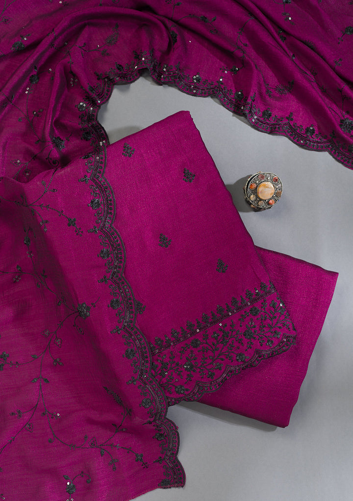 Wine Tissue Threadwork Unstitched Dress Material With Matching Bottom And Dupatta