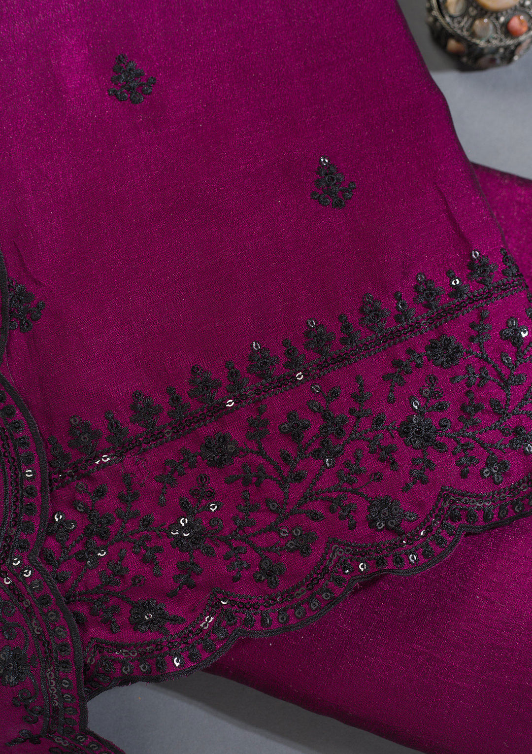 Wine Tissue Threadwork Unstitched Dress Material With Matching Bottom And Dupatta