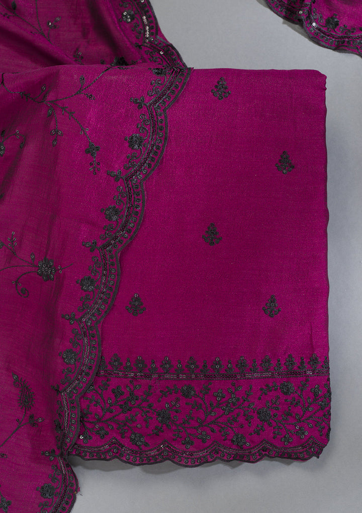 Wine Tissue Threadwork Unstitched Dress Material With Matching Bottom And Dupatta