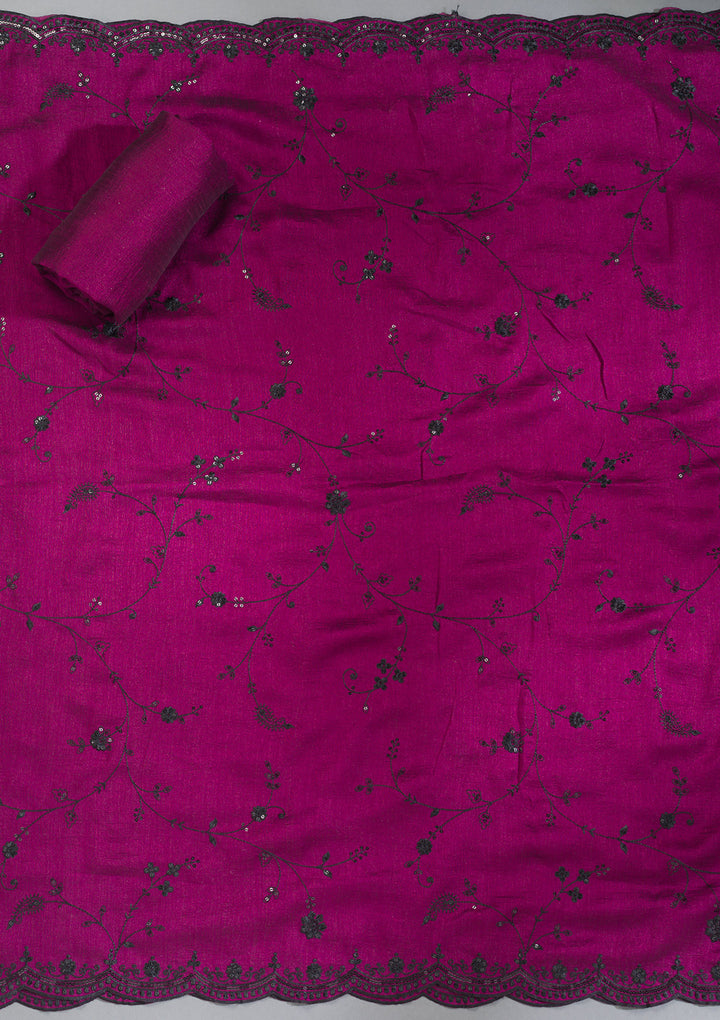 Wine Tissue Threadwork Unstitched Dress Material With Matching Bottom And Dupatta
