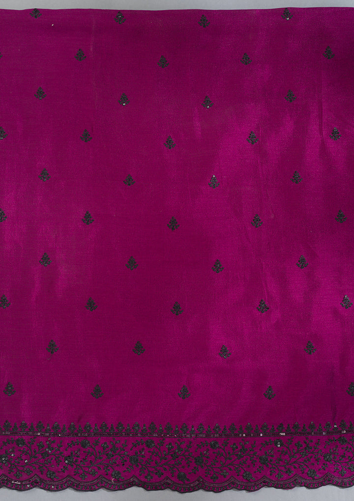 Wine Tissue Threadwork Unstitched Dress Material With Matching Bottom And Dupatta