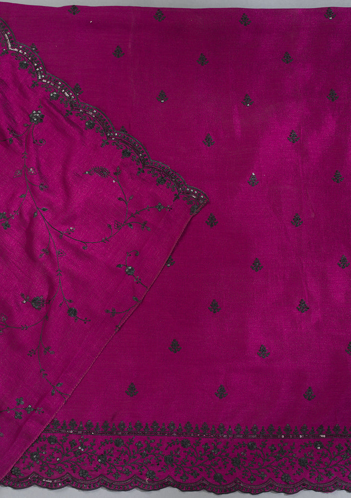 Wine Tissue Threadwork Unstitched Dress Material With Matching Bottom And Dupatta