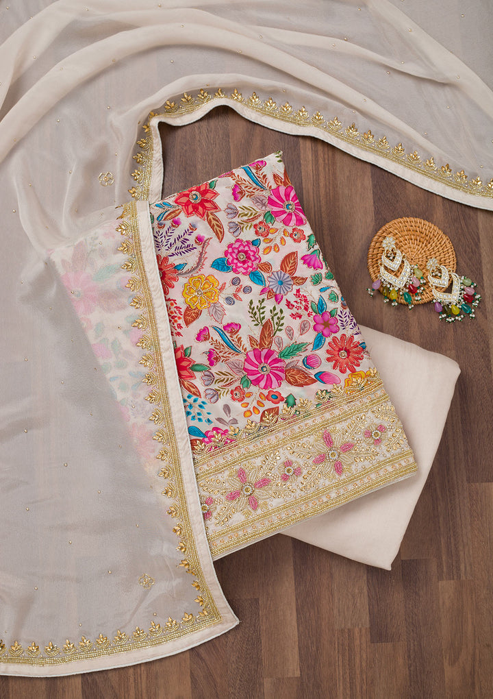 Cream Multi Chinon Floral Silver Stonework Unstitched Dress Material With Matching Bottom And Dupatta
