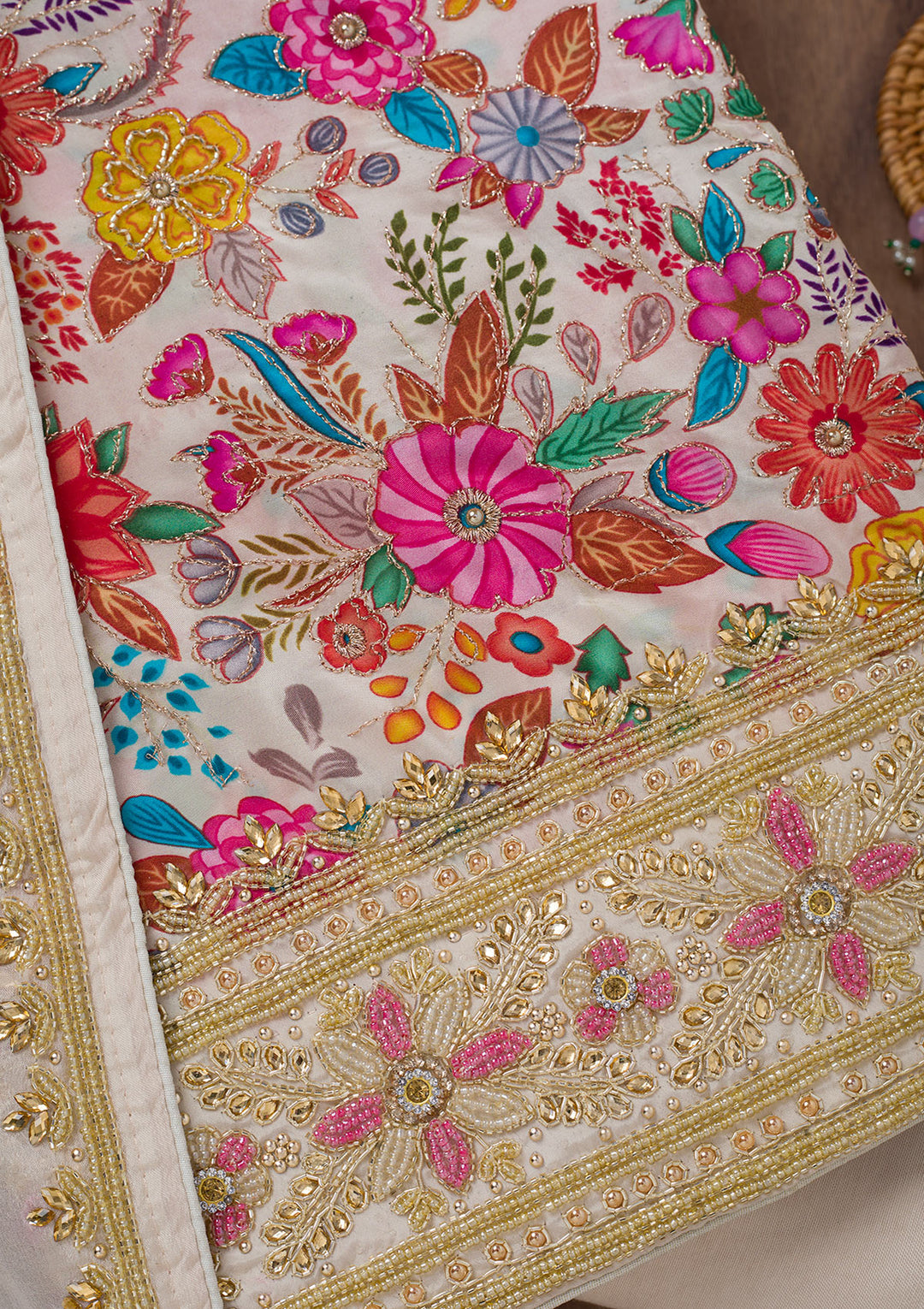 Cream Multi Chinon Floral Silver Stonework Unstitched Dress Material With Matching Bottom And Dupatta