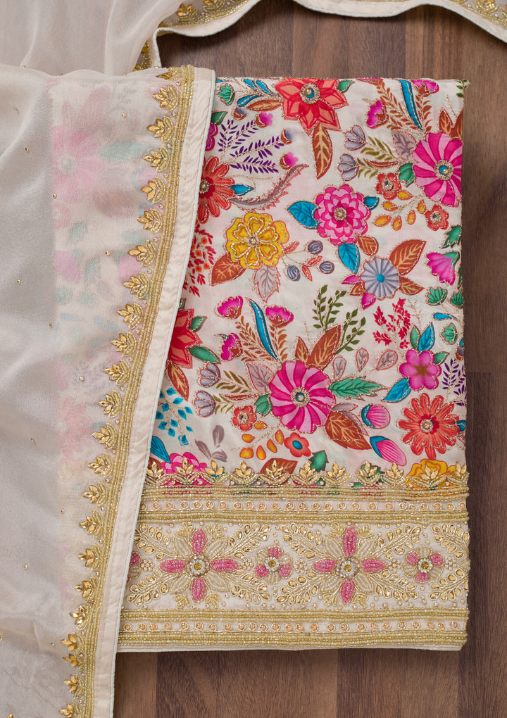 Cream Multi Chinon Floral Silver Stonework Unstitched Dress Material With Matching Bottom And Dupatta