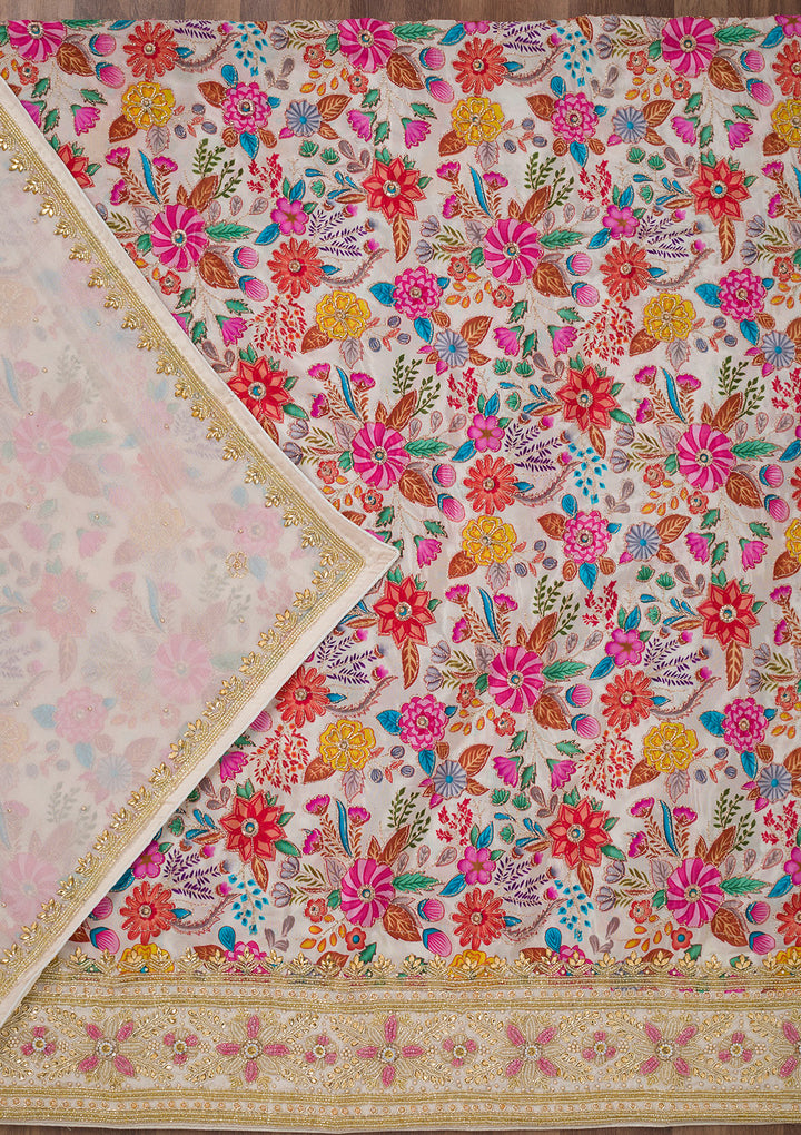 Cream Multi Chinon Floral Silver Stonework Unstitched Dress Material With Matching Bottom And Dupatta