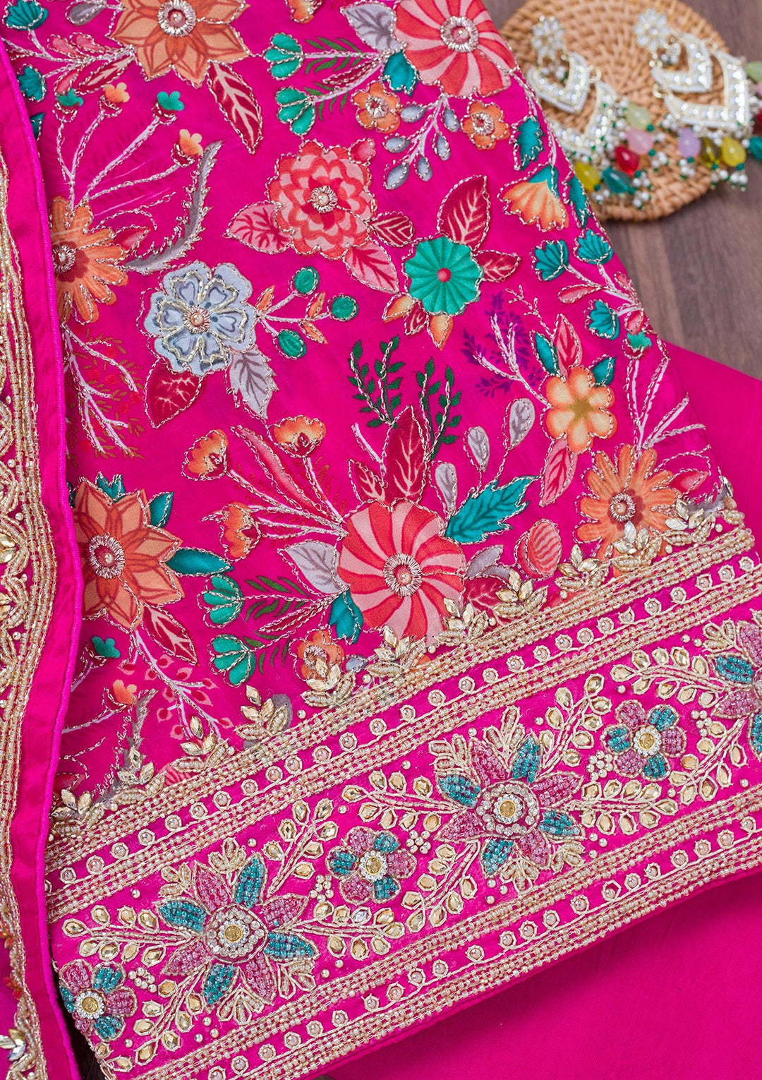 Rani Pink Stonework Chinon Unstitched Salwar Suit