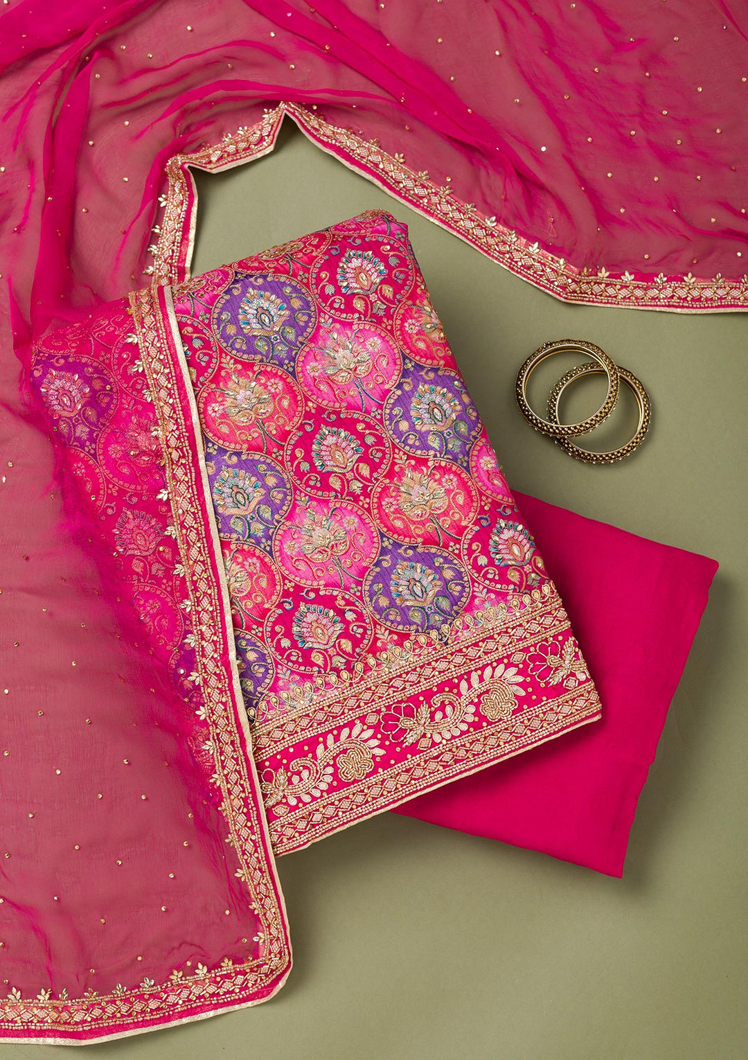 Rani Pink Stonework Semi Crepe Unstitched Salwar Suit
