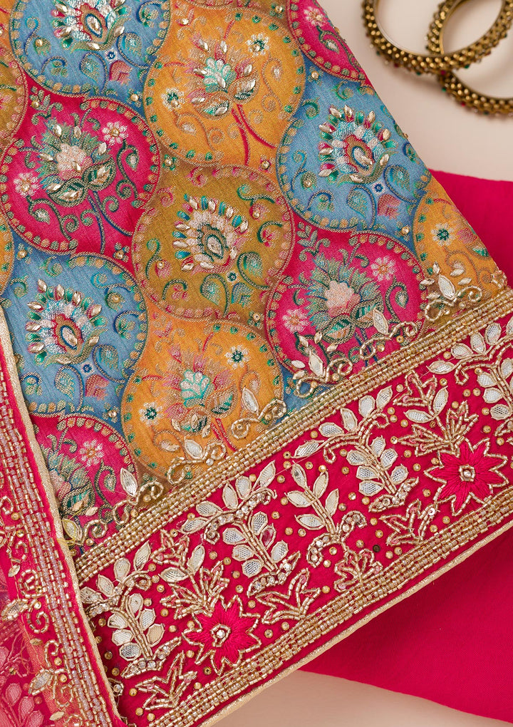 Mustard Multi Dola Silk Silver Stonework Unstitched Dress Material With Matching Bottom And Dupatta