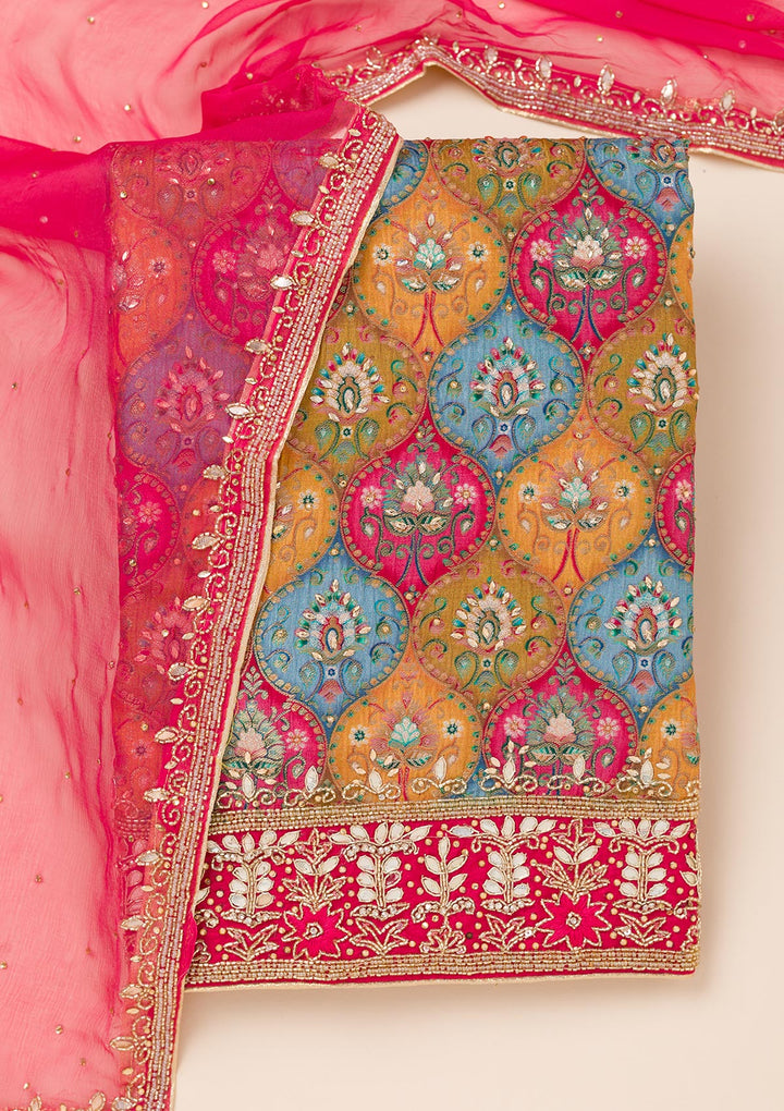 Mustard Multi Dola Silk Silver Stonework Unstitched Dress Material With Matching Bottom And Dupatta