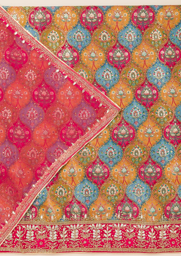 Mustard Multi Dola Silk Silver Stonework Unstitched Dress Material With Matching Bottom And Dupatta