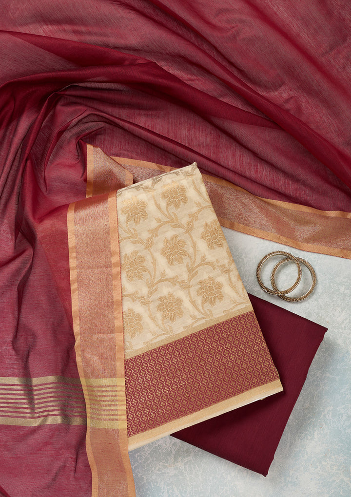 Beige Maroon Silk Gold Zariwork Unstitched Dress Material With Matching Bottom And Dupatta