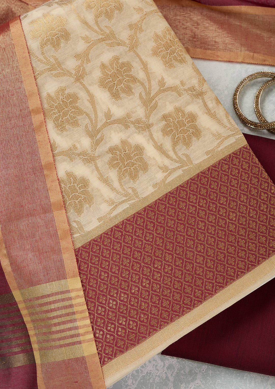Beige Maroon Silk Gold Zariwork Unstitched Dress Material With Matching Bottom And Dupatta