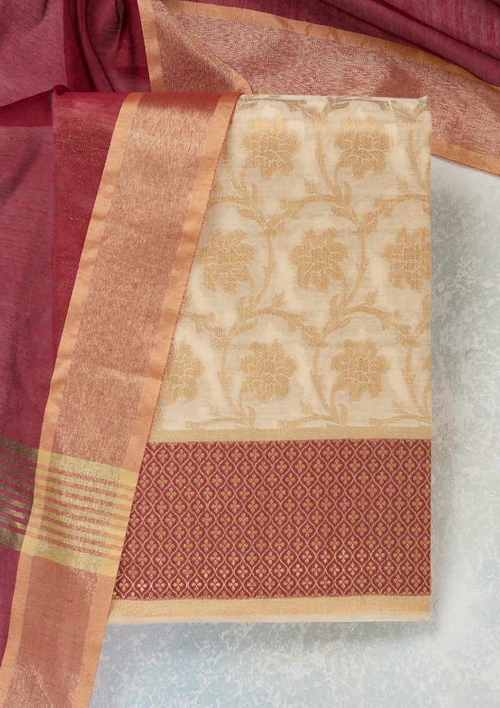 Beige Maroon Silk Gold Zariwork Unstitched Dress Material With Matching Bottom And Dupatta