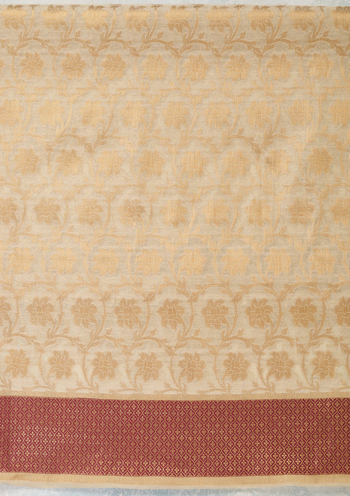Beige Maroon Silk Gold Zariwork Unstitched Dress Material With Matching Bottom And Dupatta