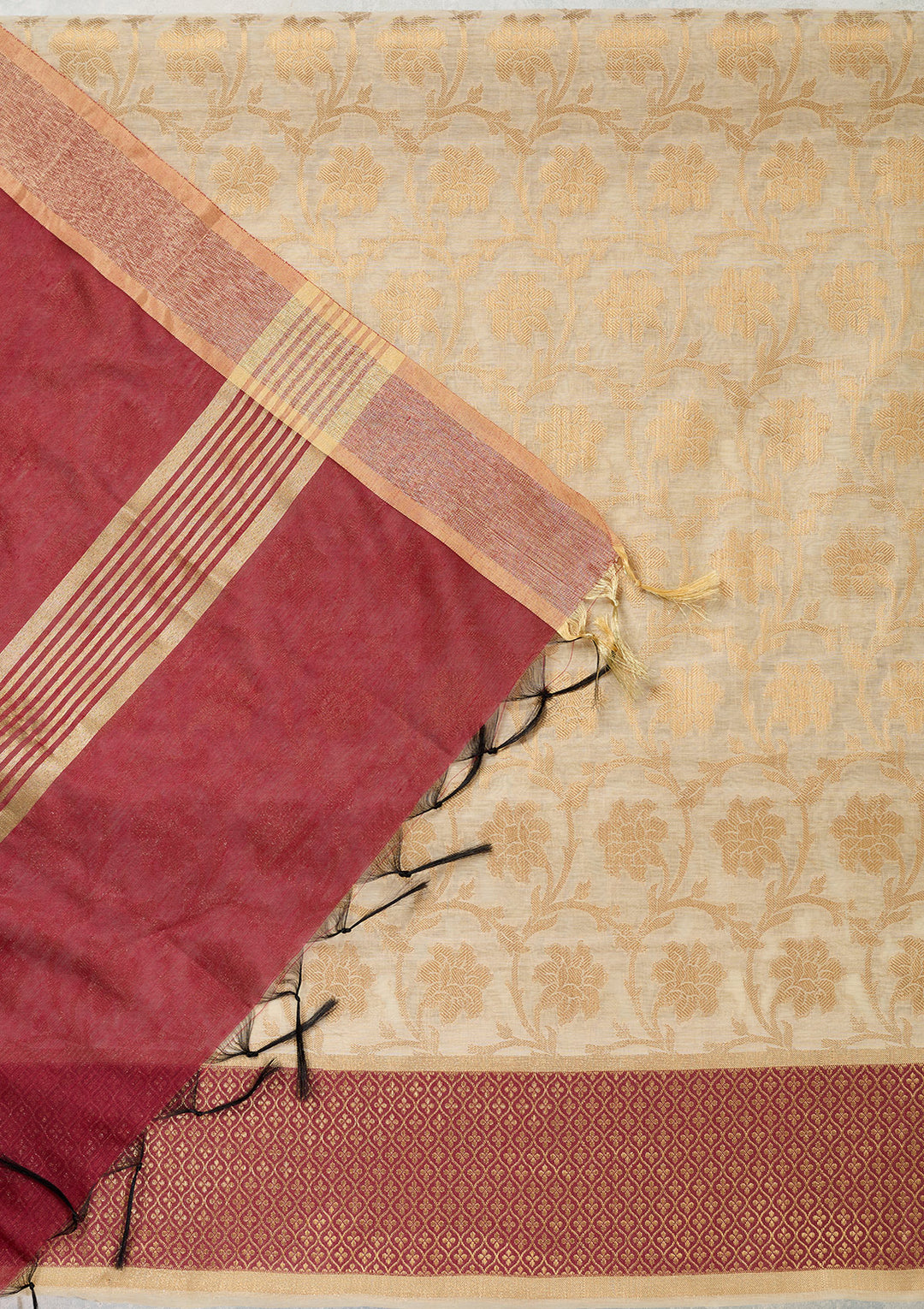 Beige Maroon Silk Gold Zariwork Unstitched Dress Material With Matching Bottom And Dupatta