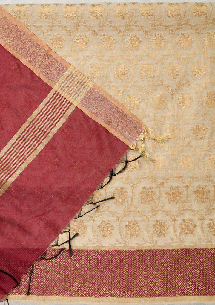 Beige Maroon Silk Gold Zariwork Unstitched Dress Material With Matching Bottom And Dupatta
