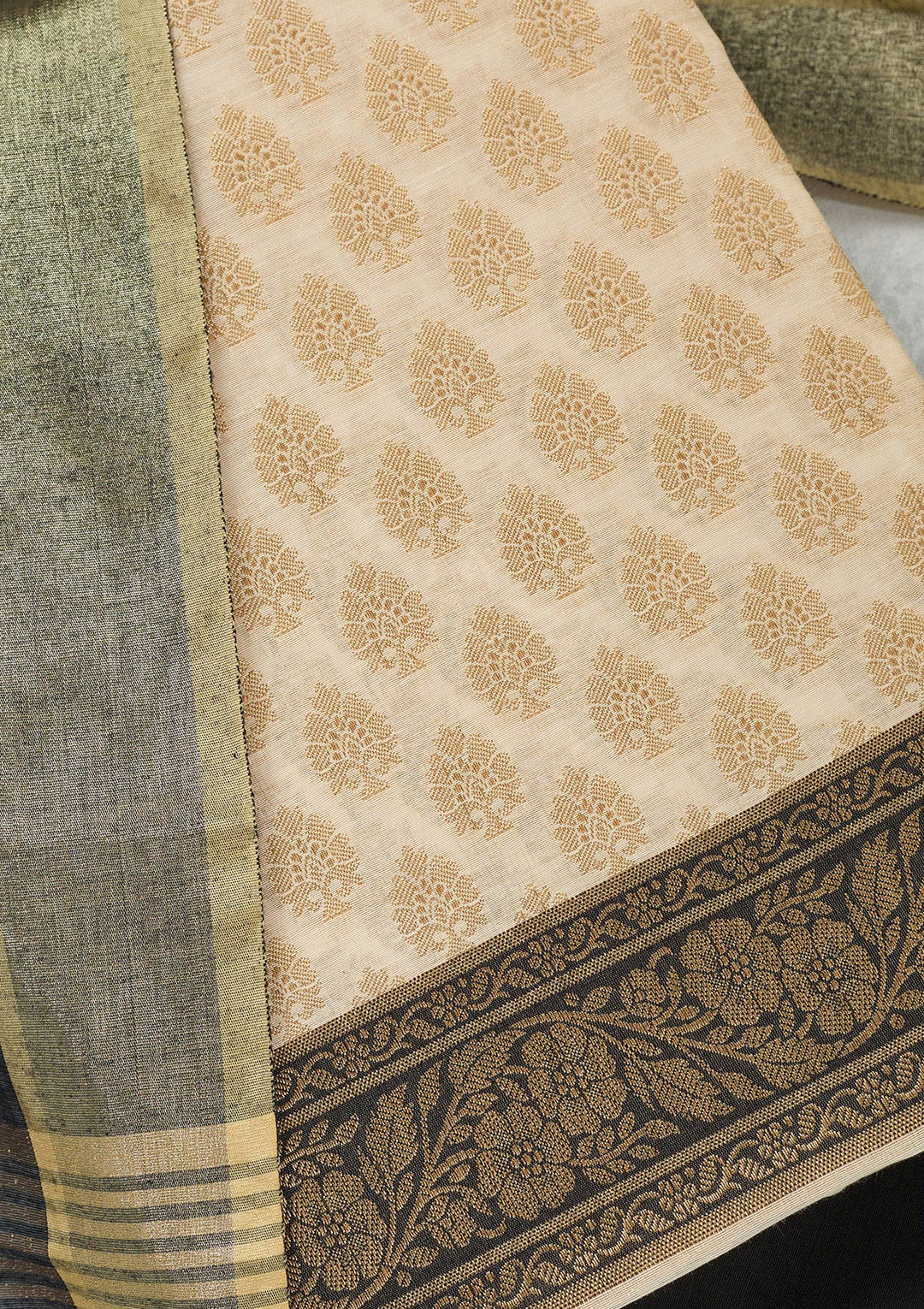 Beige Black Silk Gold Zariwork Unstitched Dress Material With Matching Bottom And Dupatta