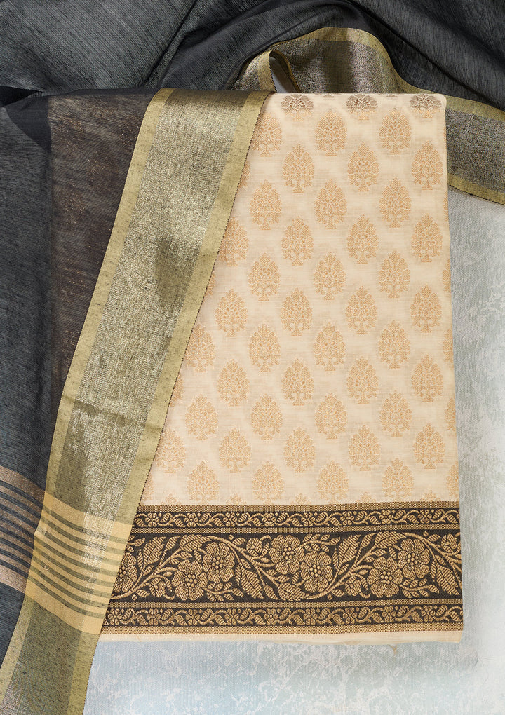 Beige Black Silk Gold Zariwork Unstitched Dress Material With Matching Bottom And Dupatta