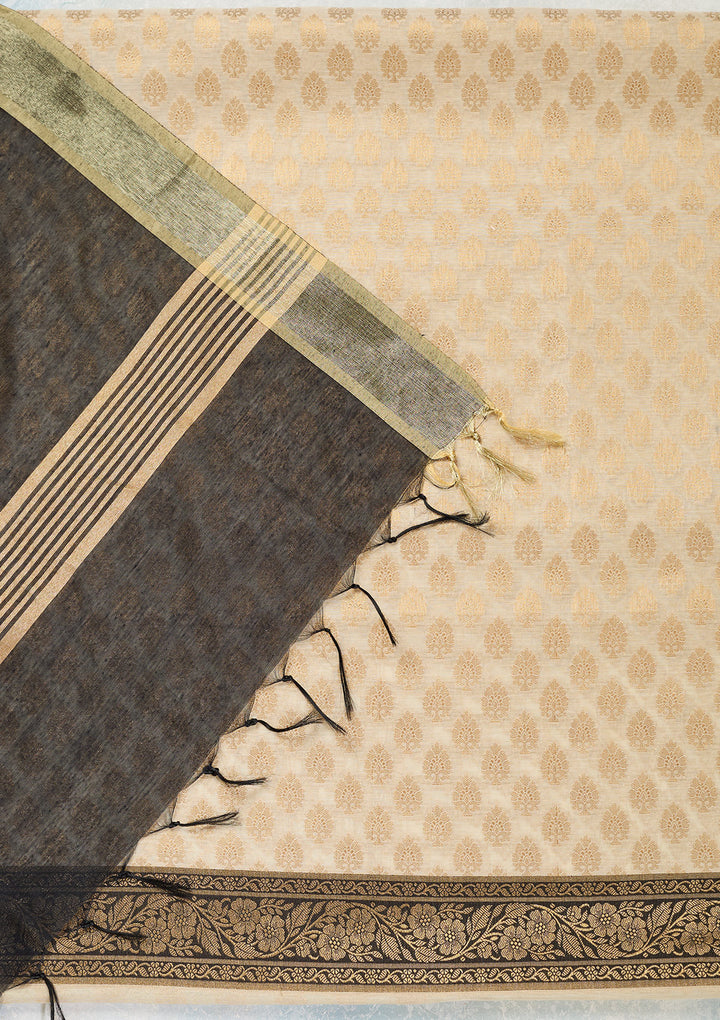 Beige Black Silk Gold Zariwork Unstitched Dress Material With Matching Bottom And Dupatta