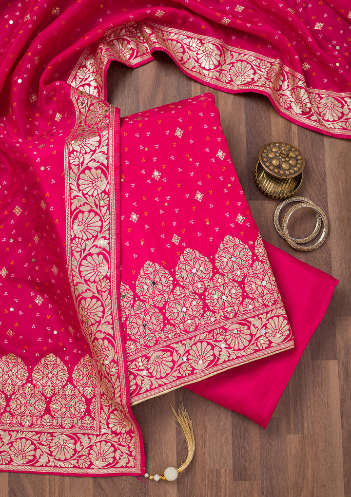 Rani Pink Mirrorwork Semi Crepe Unstitched Salwar Suit