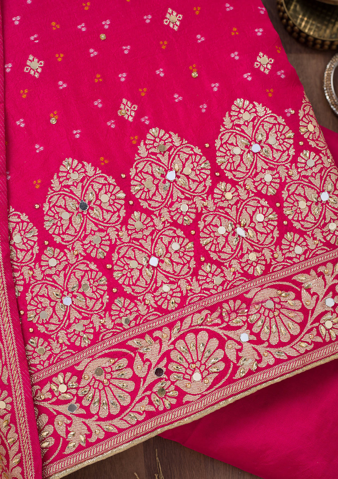 Rani Pink Mirrorwork Semi Crepe Unstitched Salwar Suit