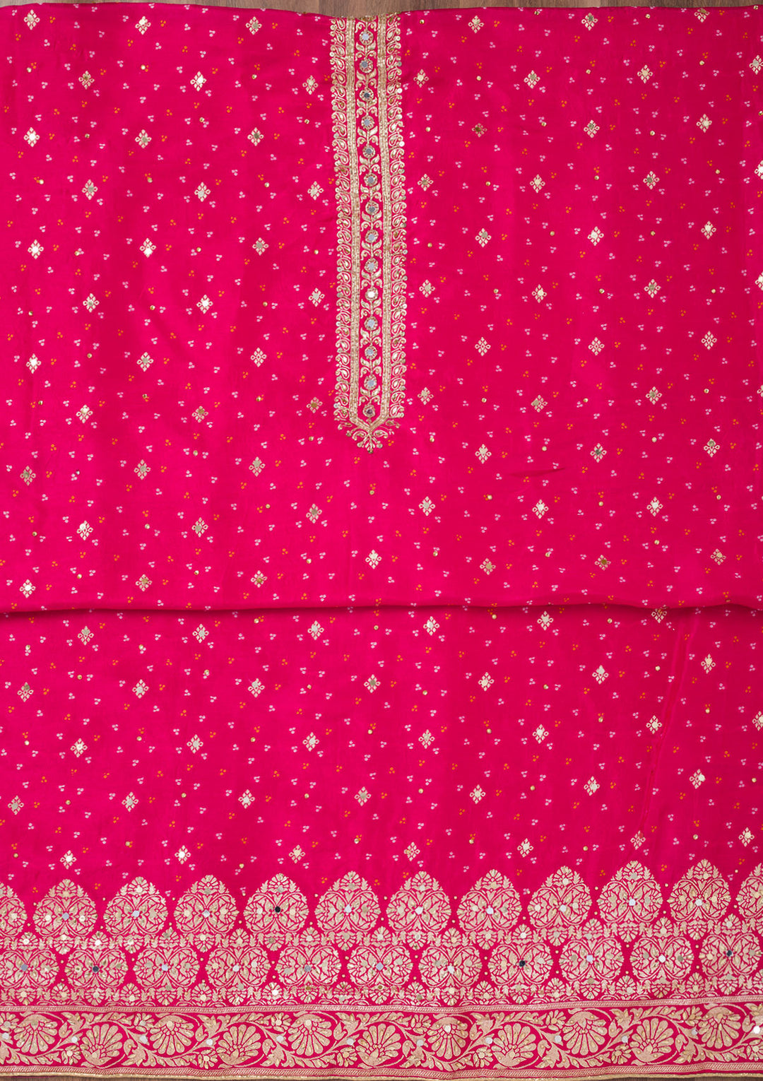 Rani Pink Mirrorwork Semi Crepe Unstitched Salwar Suit