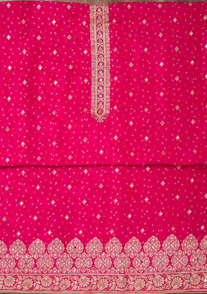Rani Pink Mirrorwork Semi Crepe Unstitched Salwar Suit
