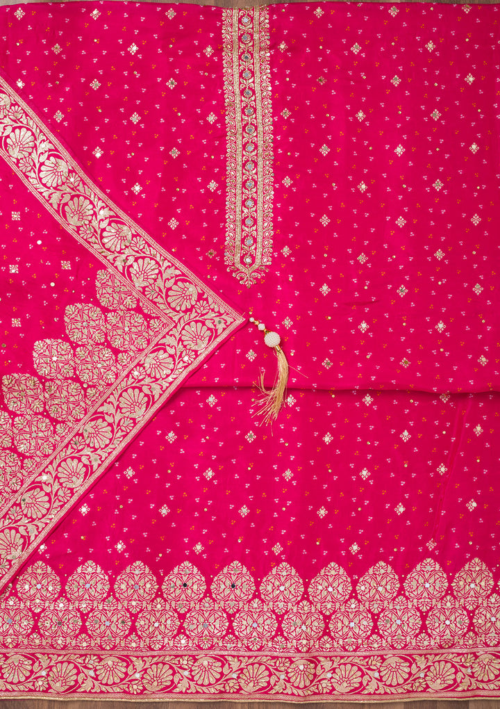 Rani Pink Mirrorwork Semi Crepe Unstitched Salwar Suit