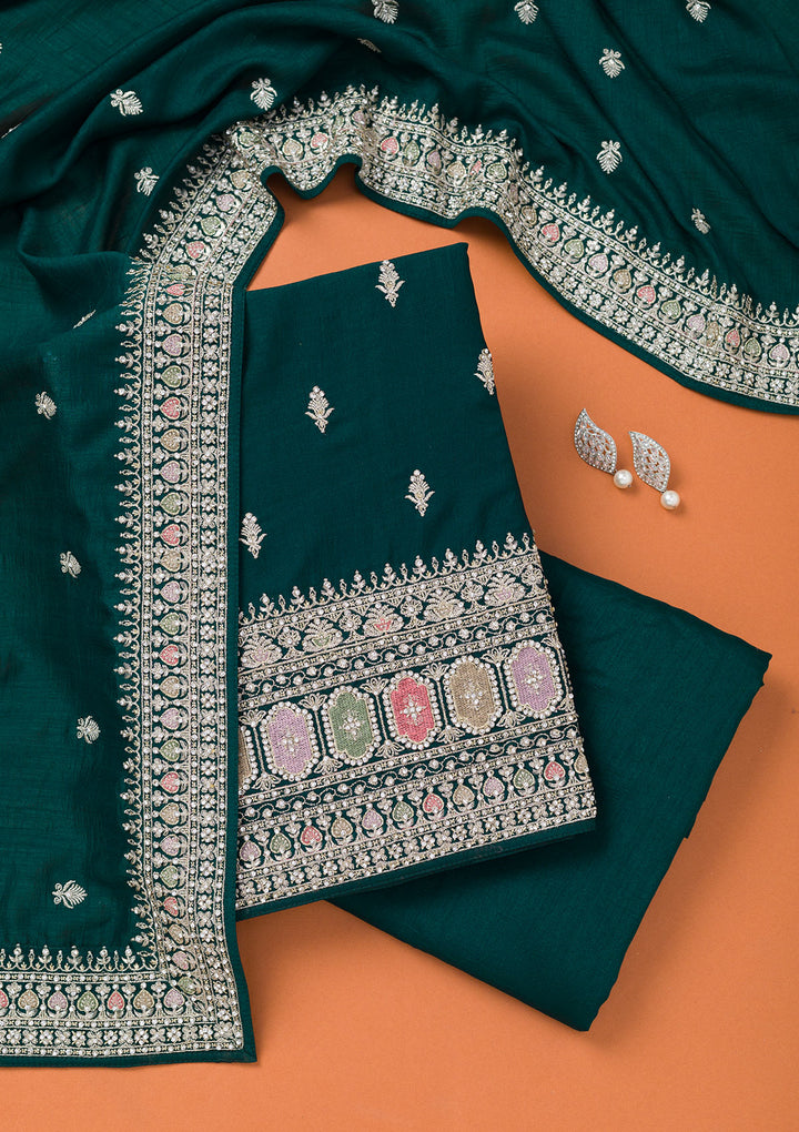 Bottle Green Soft Raw Silk Cording Unstitched Dress Material With Matching Bottom And Dupatta