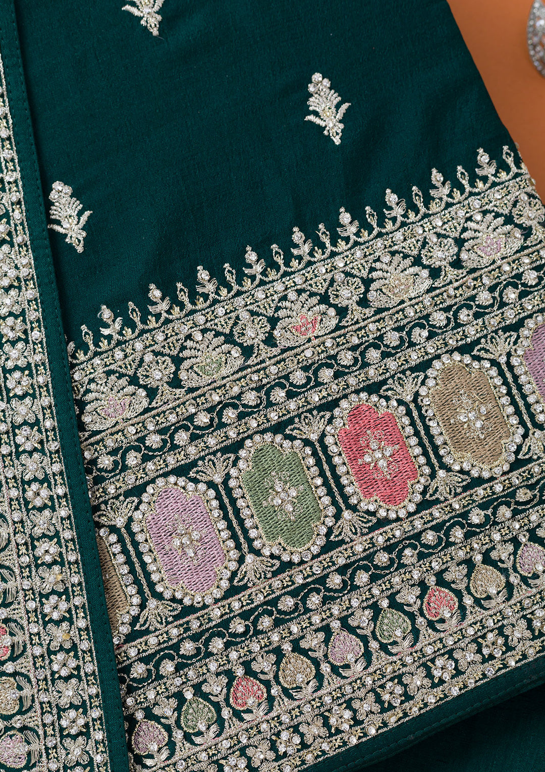 Bottle Green Soft Raw Silk Cording Unstitched Dress Material With Matching Bottom And Dupatta
