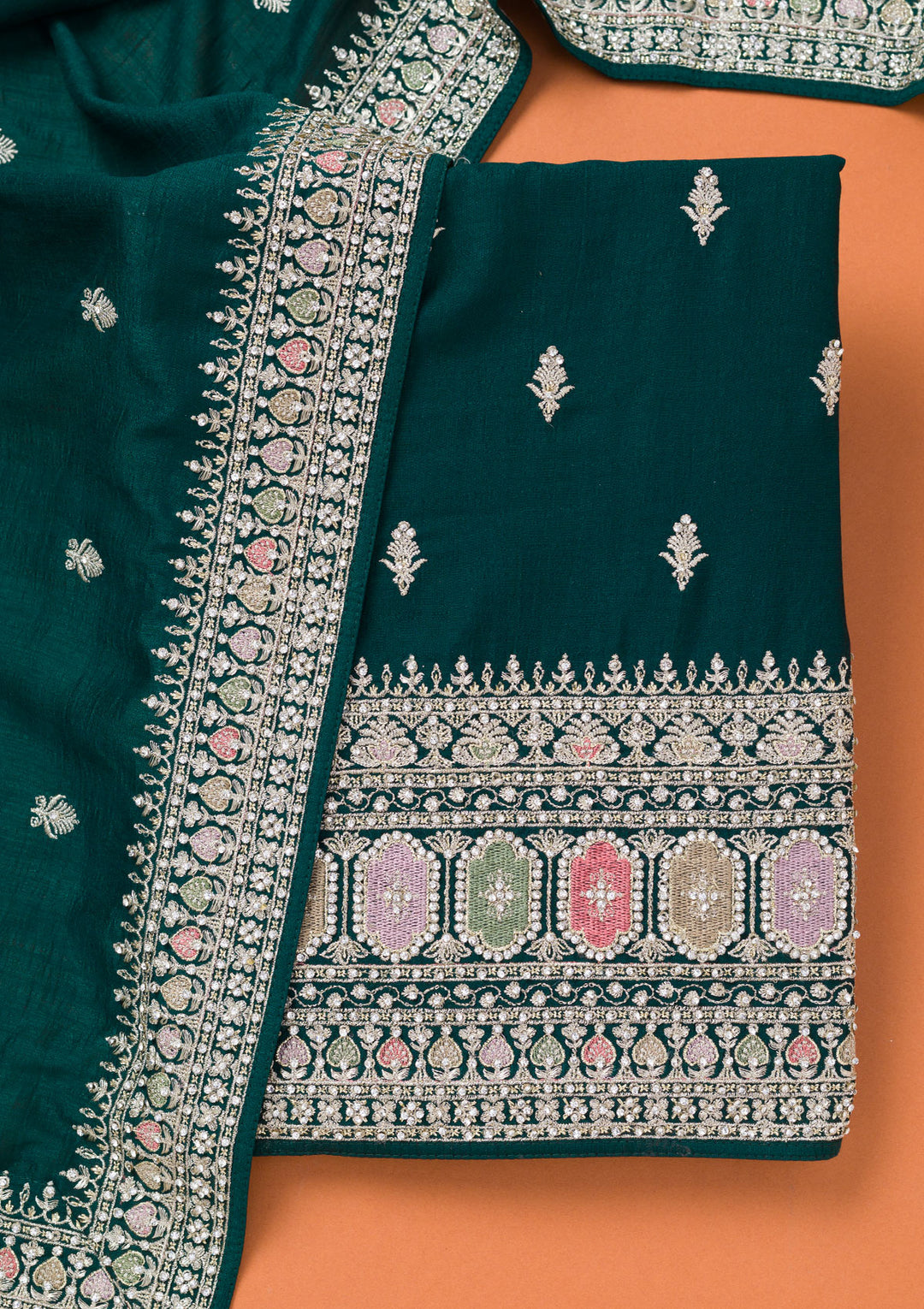Bottle Green Soft Raw Silk Cording Unstitched Dress Material With Matching Bottom And Dupatta