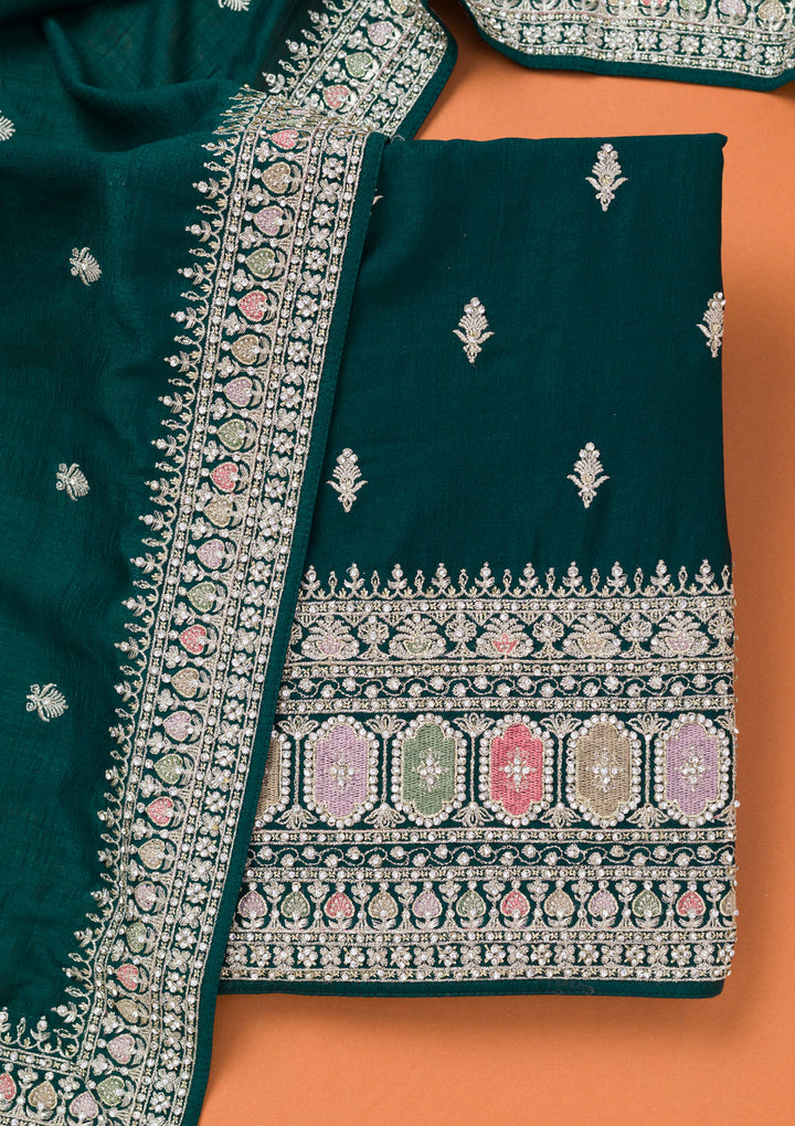 Bottle Green Soft Raw Silk Cording Unstitched Dress Material With Matching Bottom And Dupatta