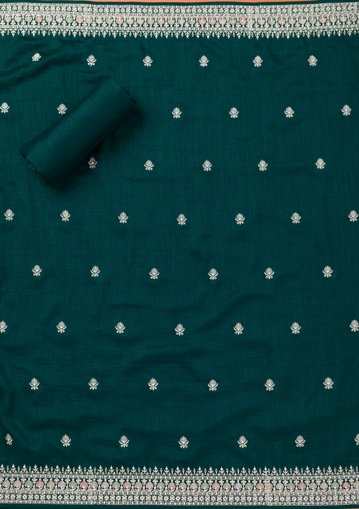 Bottle Green Soft Raw Silk Cording Unstitched Dress Material With Matching Bottom And Dupatta
