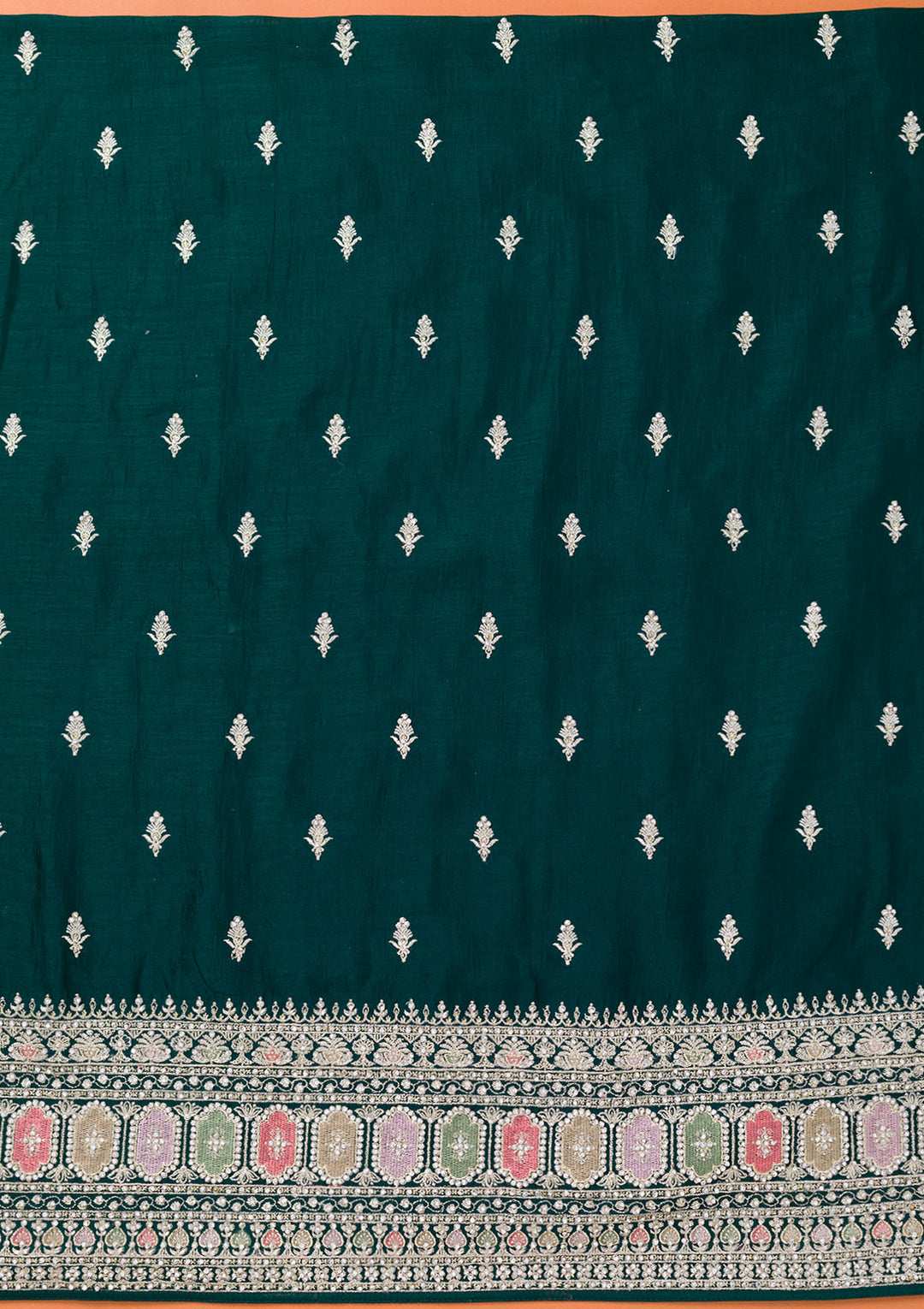 Bottle Green Soft Raw Silk Cording Unstitched Dress Material With Matching Bottom And Dupatta