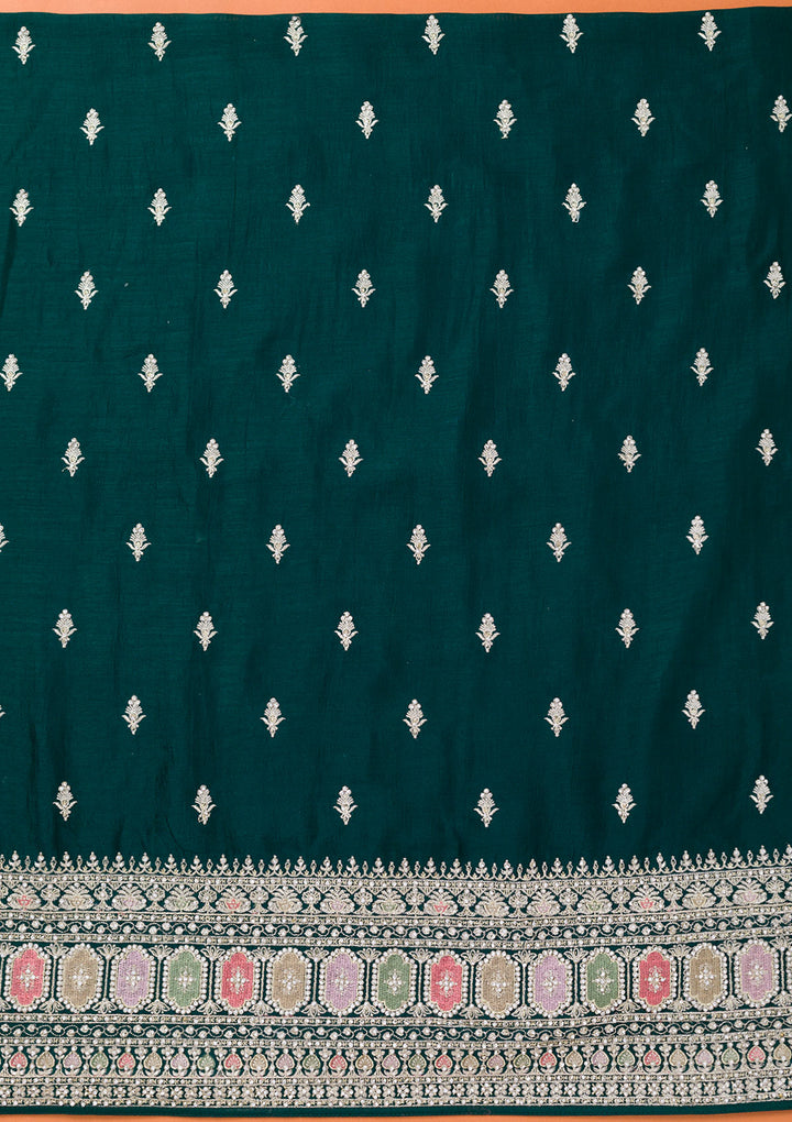 Bottle Green Soft Raw Silk Cording Unstitched Dress Material With Matching Bottom And Dupatta