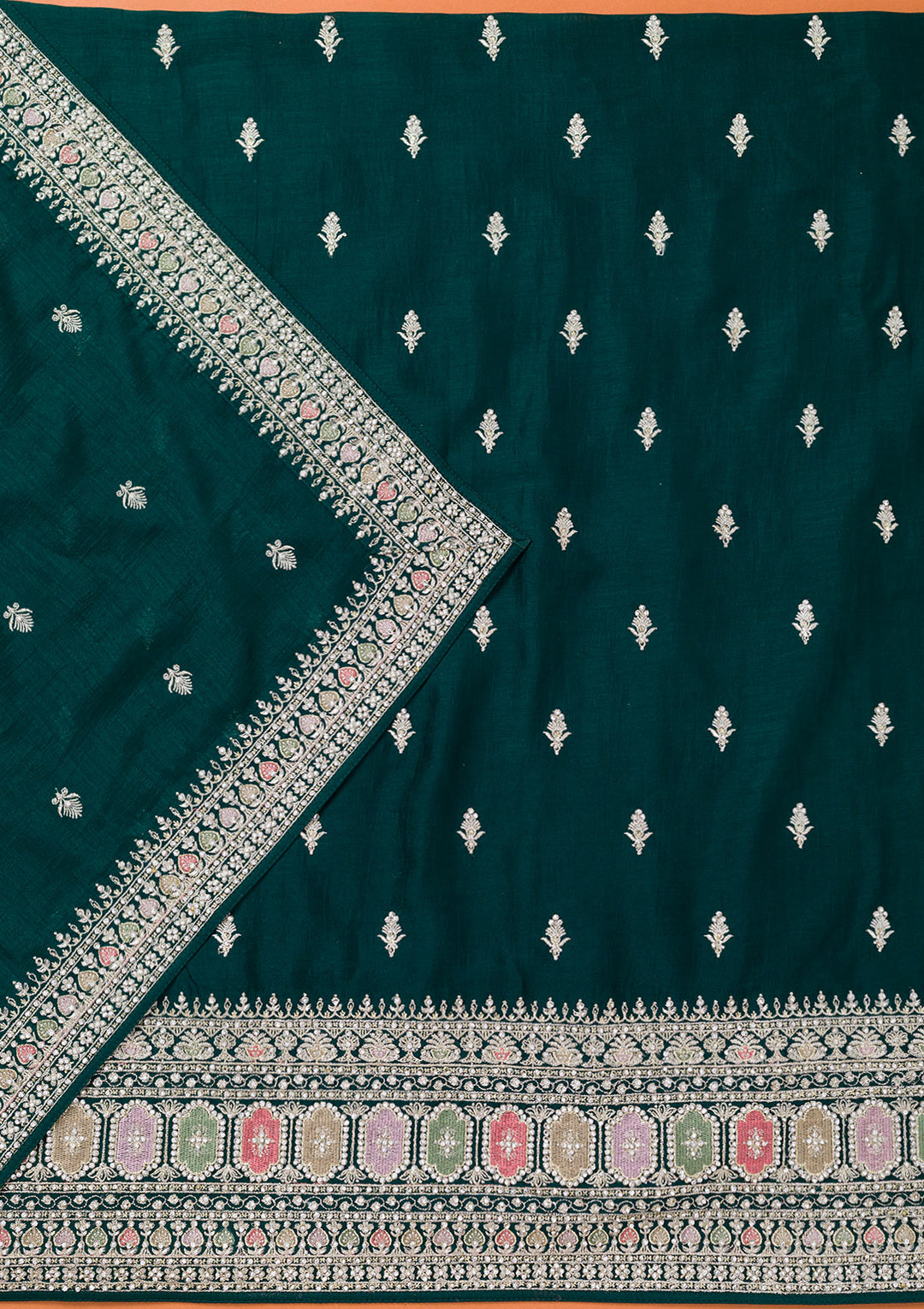 Bottle Green Soft Raw Silk Cording Unstitched Dress Material With Matching Bottom And Dupatta