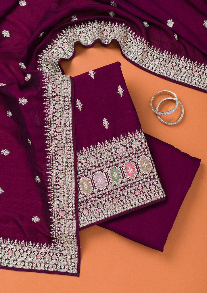 Wine Soft Raw Silk Cording Unstitched Dress Material With Matching Bottom And Dupatta