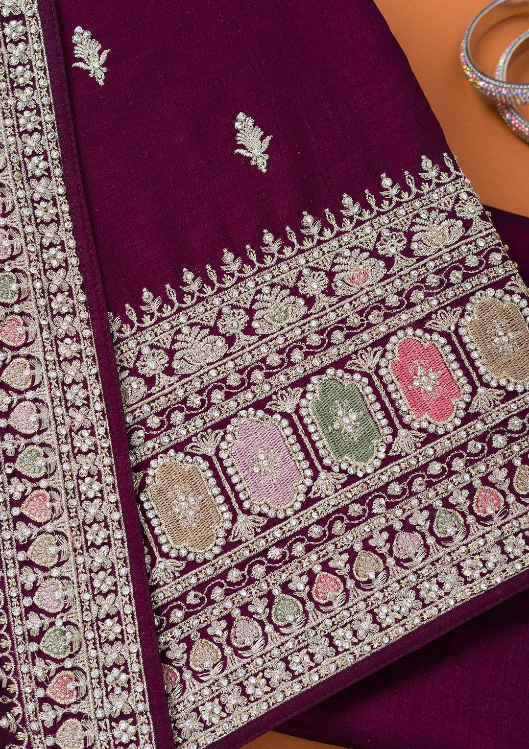 Wine Soft Raw Silk Cording Unstitched Dress Material With Matching Bottom And Dupatta