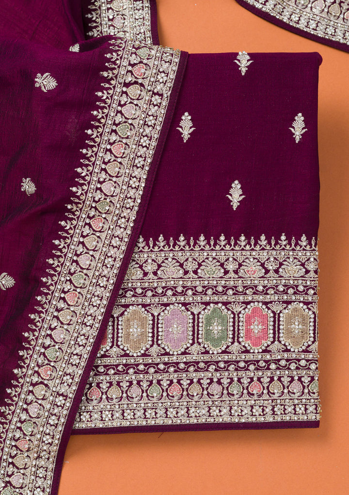 Wine Soft Raw Silk Cording Unstitched Dress Material With Matching Bottom And Dupatta