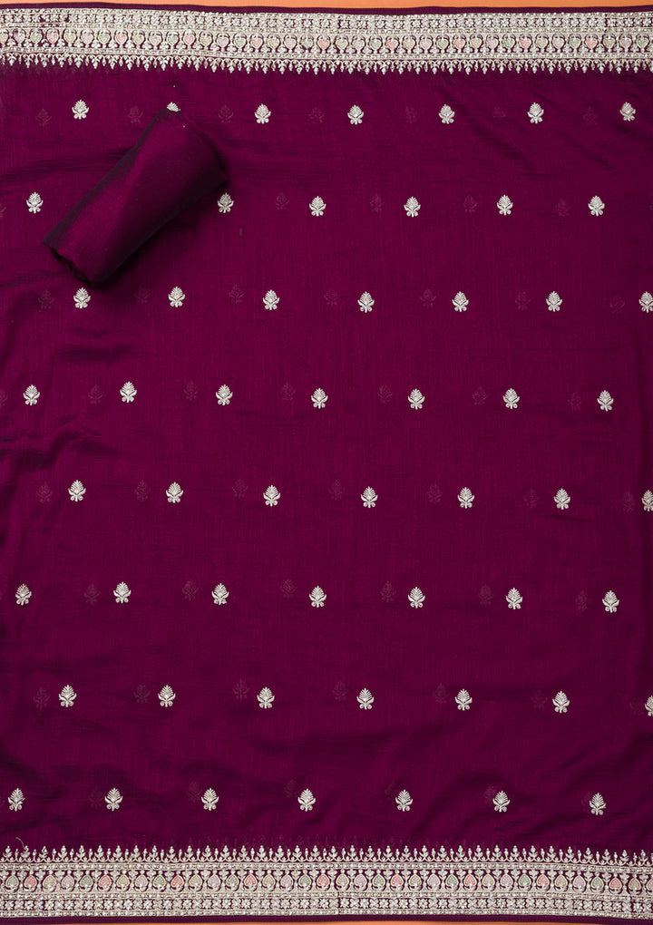 Wine Soft Raw Silk Cording Unstitched Dress Material With Matching Bottom And Dupatta