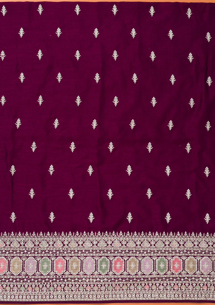 Wine Soft Raw Silk Cording Unstitched Dress Material With Matching Bottom And Dupatta