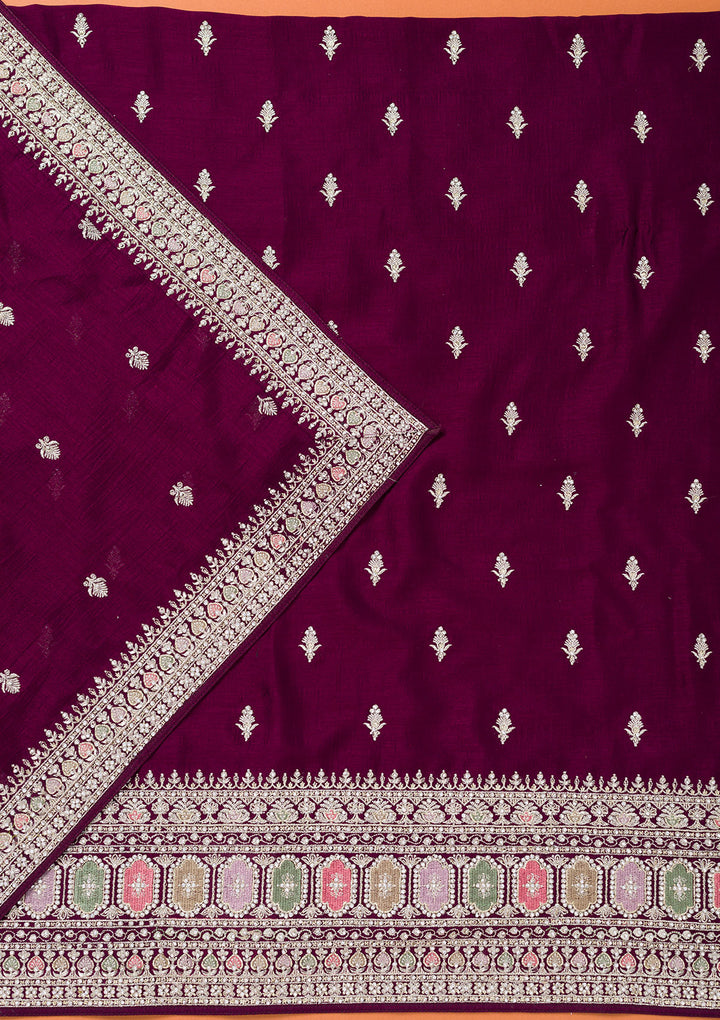 Wine Soft Raw Silk Cording Unstitched Dress Material With Matching Bottom And Dupatta