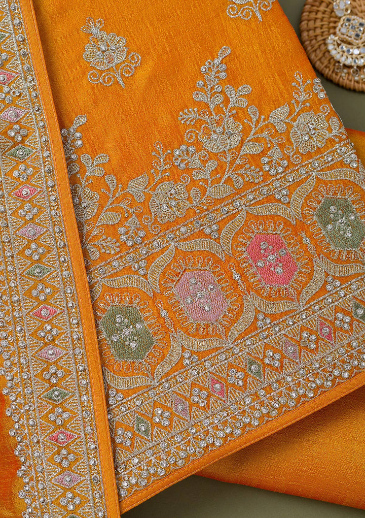 Mustard Zariwork Art Silk Unstitched Salwar Suit