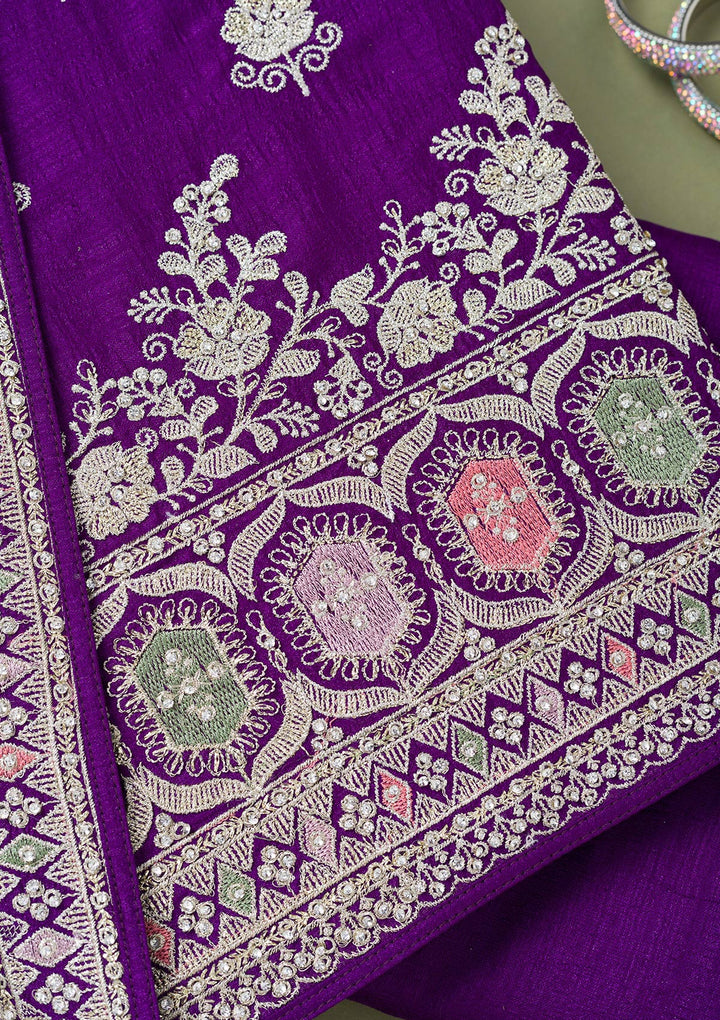 Purple Zariwork Art Silk Unstitched Salwar Suit