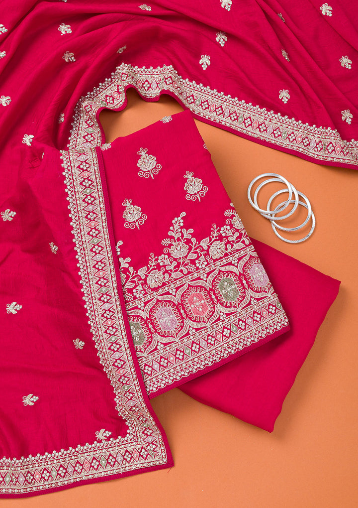 Rani Pink Soft Raw Silk Gold Zariwork Unstitched Dress Material With Matching Bottom And Dupatta