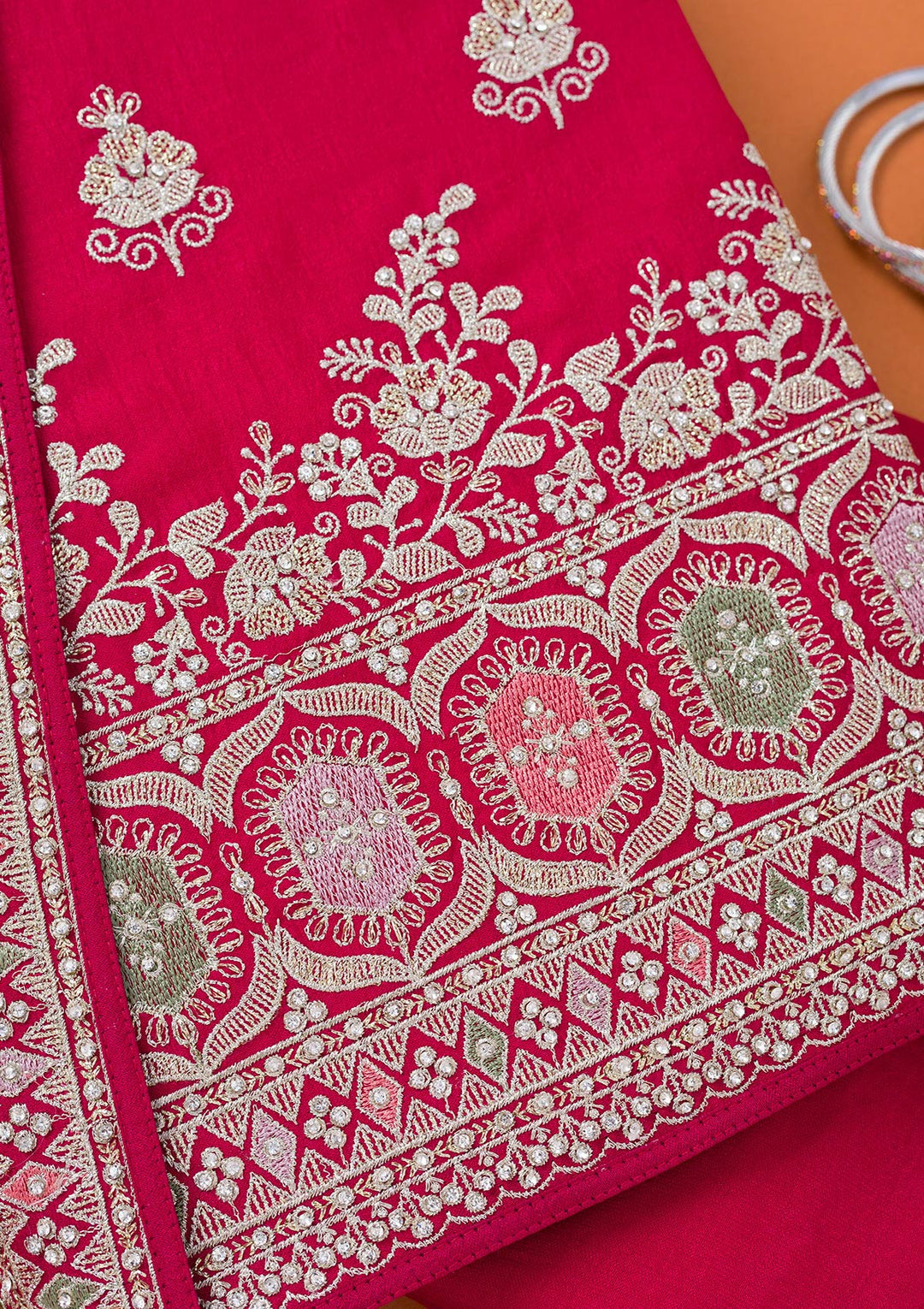 Rani Pink Soft Raw Silk Gold Zariwork Unstitched Dress Material With Matching Bottom And Dupatta